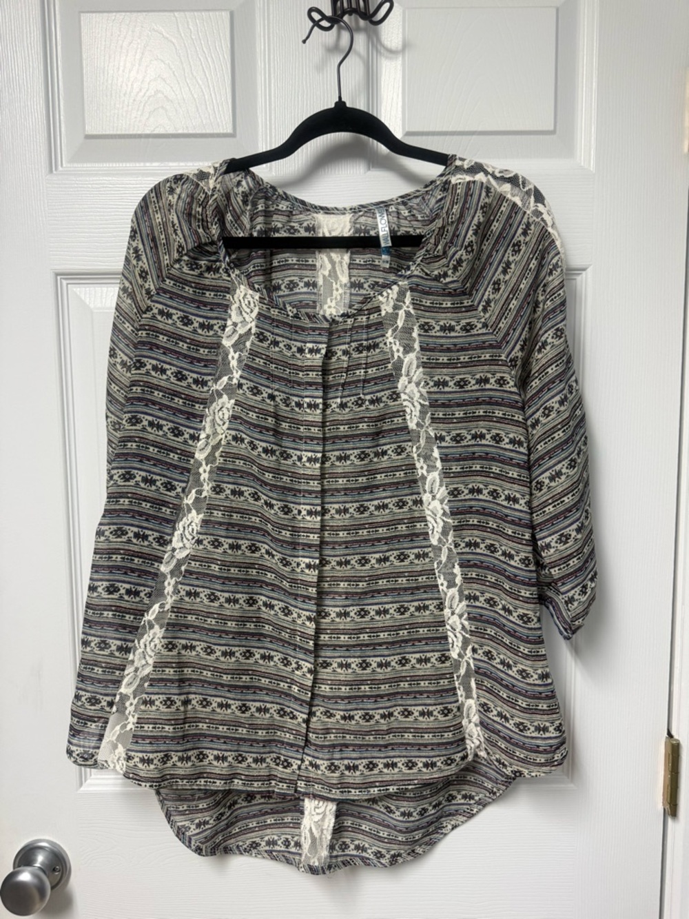 Wallflower Cream and Black Striped Lace-Trim Blouse